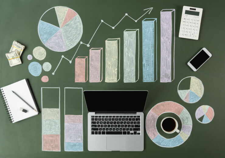 top view of laptop and business charts with cup of coffee and smartphone, laptop computer